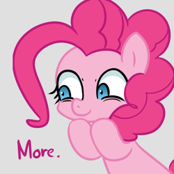 Size: 1000x1000 | Tagged: safe, artist:adequality, artist:maren, derpibooru import, pinkie pie, earth pony, pony, moar, more, reaction image, smiling, solo, waiting, wide eyes