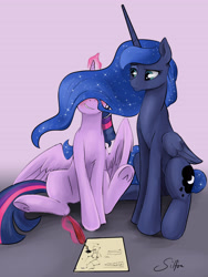 Size: 3600x4800 | Tagged: safe, artist:silfoe, derpibooru import, princess luna, twilight sparkle, twilight sparkle (alicorn), alicorn, pony, absurd resolution, blushing, confused, duo, ethereal mane, eyes on the prize, female, glowing horn, grin, lesbian, levitation, magic, manegazing, mare, missing accessory, prize on the eyes, quill, raised eyebrow, royal sketchbook, shipping, silly, silly pony, smiling, spread wings, stargazing, starry mane, these aren't my glasses, twiluna, underhoof