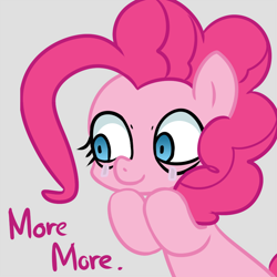 Size: 1000x1000 | Tagged: safe, artist:adequality, artist:maren, derpibooru import, pinkie pie, earth pony, pony, crying, moar, more, reaction image, smiling, solo, stare, waiting, wide eyes