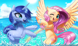 Size: 1271x750 | Tagged: safe, artist:racoonsan, fluttershy, oc, pegasus, pony, unicorn, cloud, commission, cute, duo, female, mare, ocean, one eye closed, open mouth, playing, rainbow, shyabetes, sky, smiling, splashing, sun, water