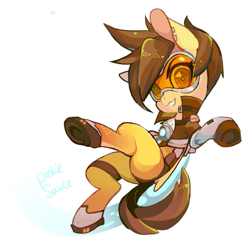 Size: 945x960 | Tagged: safe, artist:akamei, artist:redsaucejohn, pony, crossover, female, goggles, looking at you, mare, overwatch, pixiv, plot, ponified, simple background, smiling, solo, tracer