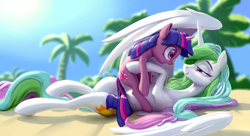 Size: 3807x2073 | Tagged: safe, artist:nadnerbd, derpibooru import, princess celestia, twilight sparkle, unicorn twilight, alicorn, pony, unicorn, beach, duo, eye contact, female, holding a pony, lidded eyes, looking at each other, mare, misleading thumbnail, momlestia, on back, open mouth, smiling, spread wings, teacher and student, wide eyes