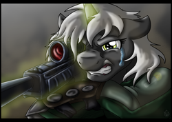 Size: 2891x2043 | Tagged: safe, artist:stormblaze-pegasus, oc, oc only, oc:psalm, pony, unicorn, fallout equestria, fallout equestria: project horizons, crying, female, greaves, gritted teeth, gun, mare, rifle, scope, solo, weapon