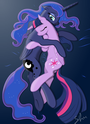 Size: 4400x6000 | Tagged: safe, artist:90sigma, artist:silfoe, derpibooru import, princess luna, twilight sparkle, twilight sparkle (alicorn), alicorn, pony, absurd resolution, female, hug, lesbian, mare, shipping, snuggling, twiluna