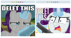 Size: 520x276 | Tagged: safe, rarity, pony, unicorn, delet this, derpibooru, gun, juxtaposition, juxtaposition win, meme, meta, weapon