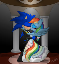 Size: 1372x1500 | Tagged: safe, artist:miniferu, derpibooru import, rainbow dash, anthro, pegasus, clothes, crossover, crossover shipping, dress, kissing, marriage, married, married couple, shipping, sonic the hedgehog, sonic the hedgehog (series), sonicdash, wedding, wedding dress