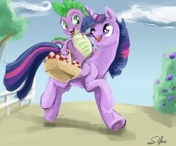 Size: 1280x1067 | Tagged: safe, artist:silfoe, derpibooru import, spike, twilight sparkle, twilight sparkle (alicorn), alicorn, dragon, pony, female, mare, open mouth, picnic basket, royal sketchbook, sketch