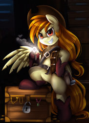 Size: 2550x3509 | Tagged: safe, artist:pridark, oc, oc only, oc:solar spark, pegasus, pony, belt, clothes, commission, gun, hat, padlock, pirate, solo, treasure chest, weapon