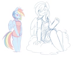 Size: 1280x1014 | Tagged: safe, artist:ende26, derpibooru import, rainbow dash, anthro, unguligrade anthro, clothes, cloud, dress, sketch, solo