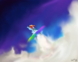 Size: 2500x2000 | Tagged: safe, artist:greyscaleart, derpibooru import, rainbow dash, pegasus, pony, cloud, cloudy, flying, solo, sonic rainboom