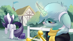 Size: 1920x1080 | Tagged: safe, artist:underpable, derpibooru import, lyra heartstrings, rarity, pony, unicorn, fanfic:background pony, bush, clothes, cold, dock, fanfic art, female, fence, flag, hoodie, horn blush, lyre, mare, plot, raised hoof, sad, scarf, sick, underhoof, wallpaper