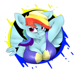 Size: 1000x1000 | Tagged: safe, artist:nexusmod, derpibooru import, rainbow dash, anthro, armpits, breast rest, breasts, female, rainboob dash, solo