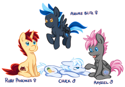 Size: 956x665 | Tagged: safe, artist:bloodorangepancakes, oc, oc only, oc:azure blitz, oc:chuck, oc:rayzel, oc:ruby pancakes