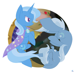 Size: 3500x3434 | Tagged: safe, artist:yaaaco, derpibooru import, trixie, pony, unicorn, crying, duality, female, mare, simple background, solo, transparent background