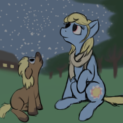 Size: 600x600 | Tagged: safe, artist:thebathwaterhero, oc, oc only, oc:sunny days, earth pony, pony, series:entrapment, adult, child, clothes, cutie mark, female, foal, forest, lights, mare, mother, mother and child, mother and son, night, parent and child, q&a, scarf, stars, story included, tree, window