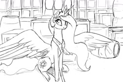 Size: 1280x853 | Tagged: safe, artist:silfoe, derpibooru import, princess celestia, alicorn, pony, barrel, crate, cute, cutelestia, grayscale, monochrome, royal sketchbook, scrunchy face, sitting, sketch, solo, spread wings, tea