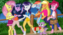 Size: 3840x2160 | Tagged: safe, artist:saddnesspony, derpibooru import, applejack, fluttershy, pinkie pie, rainbow dash, rarity, spike, twilight sparkle, anthro, clothes, mane seven, mane six, skirt, tanktop