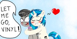 Size: 1366x686 | Tagged: safe, artist:fbertu, dj pon-3, octavia melody, vinyl scratch, earth pony, pony, unicorn, angry, blushing, female, heart, hug, hug from behind, lesbian, mare, scratchtavia, shipping