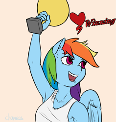 Size: 1681x1771 | Tagged: safe, artist:draneas, derpibooru import, rainbow dash, anthro, armpits, clothes, heart, simple background, solo, tanktop, trophy, valentine's day