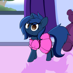 Size: 2000x2000 | Tagged: safe, artist:fullmetalpikmin, oc, oc only, oc:starlight blossom, pony, unicorn, clothes, curtains, cute, dress, female, filly, solo, teddy bear, tree, window, young