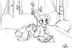 Size: 1280x853 | Tagged: safe, artist:silfoe, derpibooru import, spike, twilight sparkle, twilight sparkle (alicorn), alicorn, dragon, pony, bed, blushing, book, female, grayscale, mare, monochrome, prone, royal sketchbook, sketch, smiling