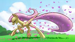 Size: 1920x1080 | Tagged: safe, artist:underpable, derpibooru import, fluttershy, butterfly, pegasus, pony, cloud, cute, eyes closed, female, grass, mare, open mouth, running, shyabetes, sky, smiling, solo, underpable is trying to murder us, wallpaper