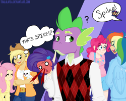 Size: 900x720 | Tagged: safe, artist:tralalayla, derpibooru import, applejack, fluttershy, pinkie pie, rainbow dash, rarity, spike, twilight sparkle, twilight sparkle (alicorn), anthro, human, blood, female, humanized, ladyboner, male, mane seven, mane six, nosebleed, older, shipping, sparity, straight, winged humanization