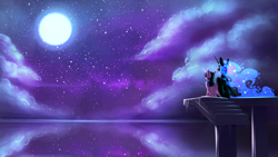 Size: 1920x1080 | Tagged: safe, artist:underpable, derpibooru import, nightmare moon, twilight sparkle, twilight sparkle (alicorn), alicorn, pony, female, mare, moon, night, night sky, reflection, scenery, sitting, sky, stairs, stars, twimoon, wallpaper, watching, water