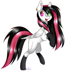 Size: 2145x2273 | Tagged: safe, artist:ohhoneybee, oc, oc only, oc:emala jiss, pegasus, pony, choker, ear piercing, earring, female, green eyes, heterochromia, jewelry, open mouth, piercing, pink eyes, solo, spiked choker