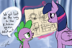 Size: 1280x853 | Tagged: safe, artist:silfoe, derpibooru import, spike, twilight sparkle, twilight sparkle (alicorn), alicorn, dragon, pony, female, levitation, magic, map, mare, royal sketchbook, scrunchy face, telekinesis