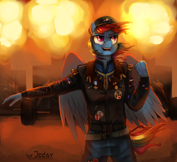 Size: 1300x1190 | Tagged: safe, artist:jedayskayvoker, rainbow dash, anthro, boomers, clothes, crossover, fallout, fallout: new vegas, solo, windswept mane