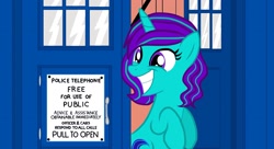 Size: 1650x895 | Tagged: safe, artist:aquaseasplash, oc, oc only, oc:aqua splash, crossover, doctor who, happy, solo, tardis