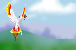 Size: 3300x2200 | Tagged: safe, artist:bravefleet, oc, oc only, oc:brave fleet, pegasus, pony, cloud, flying, mountain, sky, solo, tail feathers, wings