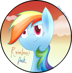 Size: 2928x2958 | Tagged: safe, artist:yaaaco, derpibooru import, rainbow dash, pegasus, pony, bust, cloud, female, icon, mare, signature, solo, text