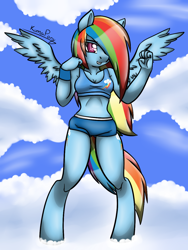 Size: 900x1200 | Tagged: safe, artist:rainbowdrool, derpibooru import, rainbow dash, anthro, pegasus, unguligrade anthro, clothes, cloud, cloudy, female, grin, hair over one eye, lidded eyes, looking at you, mare, midriff, shorts, sky, smiling, solo, sports bra, sports shorts, spread wings