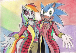 Size: 1280x890 | Tagged: safe, artist:jameythehedgehog, derpibooru import, rainbow dash, anthro, crossover, doctor who, outfit, sixth doctor, sonic the hedgehog, sonic the hedgehog (series)