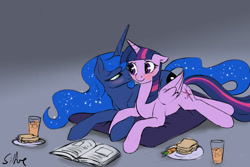 Size: 1280x853 | Tagged: safe, artist:silfoe, derpibooru import, princess luna, twilight sparkle, twilight sparkle (alicorn), alicorn, pony, bedroom eyes, blushing, book, cuddling, drink, female, floppy ears, food, holding hooves, lesbian, mare, missing accessory, nuzzling, pillow, prone, royal sketchbook, sandwich, shipping, smiling, snuggling, twiluna