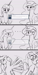 Size: 2812x5544 | Tagged: safe, artist:silfoe, derpibooru import, princess celestia, princess luna, alicorn, pony, ask, denied, disgusted, grayscale, monochrome, royal sketchbook, scrunchy face, shipping denied, sketch, tongue out, tumblr