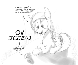 Size: 1200x1000 | Tagged: safe, artist:baratus93, oc, oc only, oc:anon, oc:sequoia, pony, dialogue, giant pony, macro, monochrome, sketch