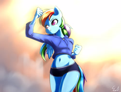Size: 3400x2600 | Tagged: safe, artist:skecchiart, derpibooru import, rainbow dash, anthro, pegasus, belly button, clothes, compression shorts, exercise, female, hoodie, midriff, sexy, solo
