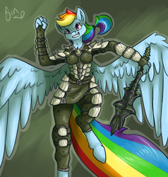 Size: 950x1000 | Tagged: safe, artist:poisindoodles, derpibooru import, rainbow dash, anthro, unguligrade anthro, armor, crossover, dragonscale armor, mace, mace of molag bal, skyrim, solo, the elder scrolls, the implications are horrible, wings
