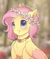 Size: 1685x2000 | Tagged: safe, artist:evehly, butterscotch, fluttershy, pegasus, pony, adorascotch, cute, element of kindness, floral head wreath, male, rule 63, rule63betes, shyabetes, solo, stallion