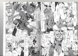 Size: 1200x871 | Tagged: safe, artist:rikose, derpibooru import, applejack, discord, fluttershy, princess luna, queen chrysalis, rainbow dash, rarity, anthro, changeling, changeling queen, clothes, comic, doujin, explicit source, japanese, monochrome, school uniform