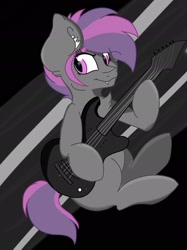 Size: 1439x1920 | Tagged: safe, artist:ismael calderon, oc, oc only, oc:raven aura, bat pony, pony, cute, electric guitar, fangs, guitar, musical instrument, sitting, smiling, solo