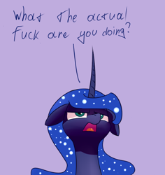 Size: 486x515 | Tagged: safe, artist:underpable, derpibooru import, princess luna, alicorn, pony, cropped, floppy ears, frown, glare, looking at you, open mouth, reaction image, simple background, unamused, vulgar, what are you doing