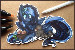 Size: 1950x1314 | Tagged: safe, artist:tenebristayga, oc, oc only, oc:peekaboo, dog, basket, food, muffin, solo, traditional art