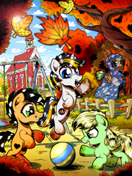 Size: 2000x2666 | Tagged: safe, artist:gray--day, oc, oc only, oc:blackmane, oc:golden cloud, oc:nightflame, oc:sunshield, autumn, ball, cape, clothes, falling leaves, female, filly, jumping, leaves, looking at you, playing, recess, school, swing