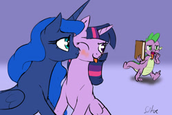 Size: 1280x853 | Tagged: safe, artist:silfoe, derpibooru import, princess luna, spike, twilight sparkle, twilight sparkle (alicorn), alicorn, dragon, pony, :p, blushing, book, disgusted, female, kissing, lesbian, looking back, mare, open mouth, royal sketchbook, shipping, sitting, smiling, teasing, tongue out, twiluna, wink