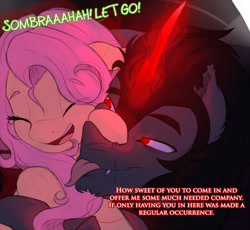 Size: 540x497 | Tagged: safe, artist:evehly, derpibooru import, fluttershy, king sombra, pegasus, pony, unicorn, :p, bedroom eyes, eyes closed, female, fluffy, glowing horn, hug, laughing, magic, male, open mouth, shipping, smiling, sombrashy, straight, tongue out