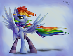 Size: 2000x1533 | Tagged: safe, artist:ferasor, rainbow dash, pegasus, pony, clothes, grin, smiling, socks, solo, spread wings, striped socks, windswept mane